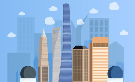Big city flat illustration.Skyscrapers of urban cityのイラスト素材