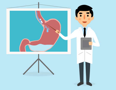 Doctor explains pill digestion in stomach illustrationのイラスト素材