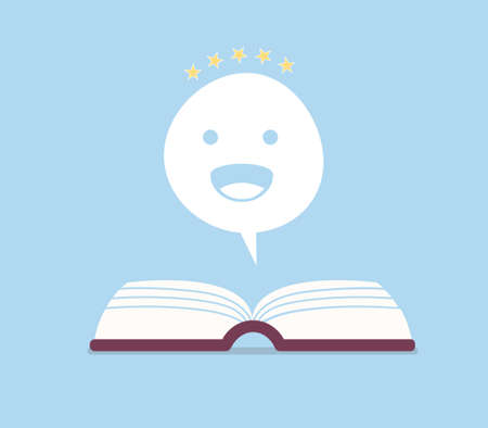 Negative book review vector illustration. Sad, unhappy dialog bubble upon opened book.のイラスト素材