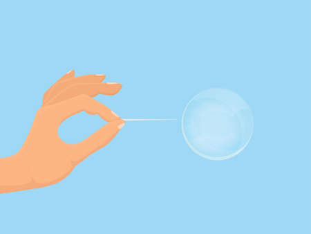 Hand with needle and soap bubble. Bubble about to explode by a needle vector illustrationのイラスト素材