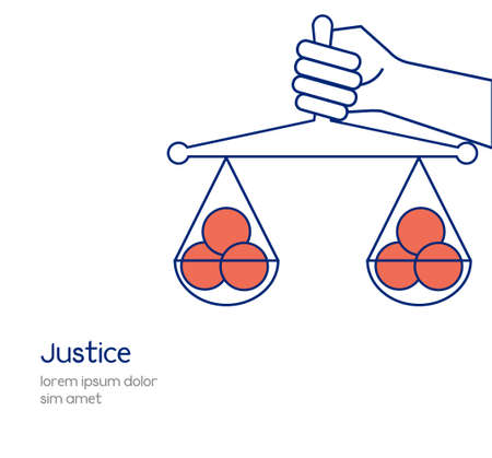 Justice vector line icon. Hand holding scale illustration. Equality conceptのイラスト素材