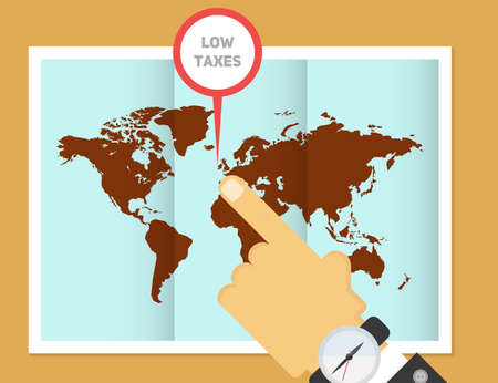 Low taxes for business. In search of offshore vector illustration. Hand of businessman pointing to the place of the mapのイラスト素材