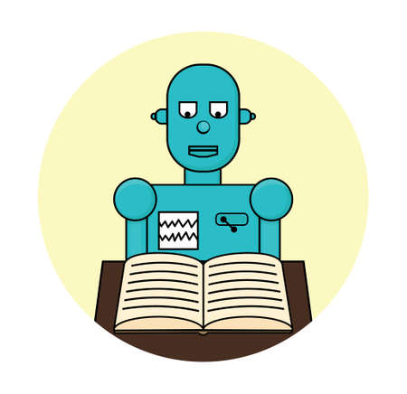 Machine learning concept. Robot is reading a book flat line vector illustrationのイラスト素材