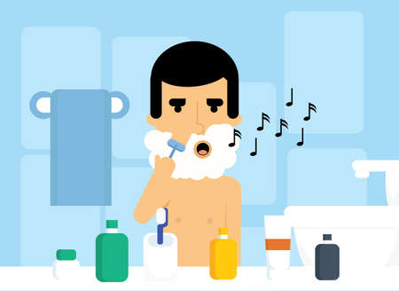 Young shaving Caucasian man is singing in bathroom. Male character with razor in bath vector illustration.のイラスト素材