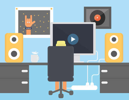 Music lover interior flat design illustration. Boy watching video in  his room vectorのイラスト素材