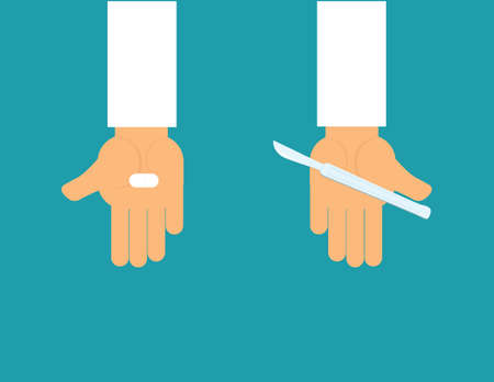 Hand with pill and hand with scalpel. Surgery against medicines conceptのイラスト素材
