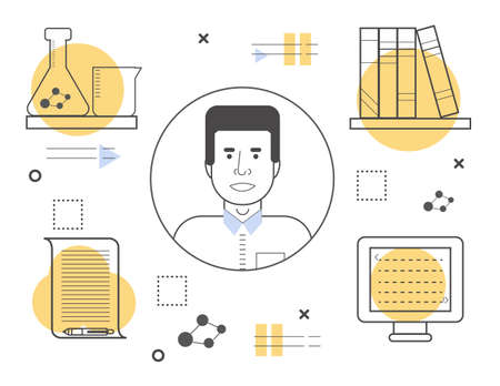 Male vector line avatar with writing, reading, coding and research icons. Creative person conceptのイラスト素材
