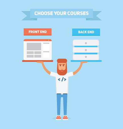 Back end and front end developers courses. Man with red hair and beard in t-shirt and jeans is holding browser icon in one hand and database server icon into anotherのイラスト素材