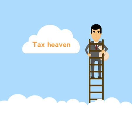 Businessman with money bag on ladder in the sky.Tax haven concept.のイラスト素材