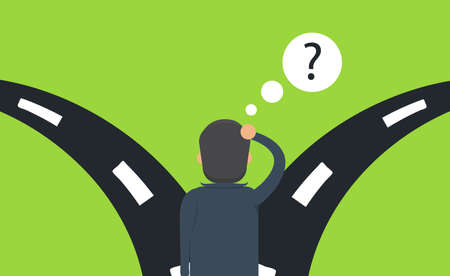 Which way to choose concept. Illustration of businessman is hesitating at the crossroadsのイラスト素材
