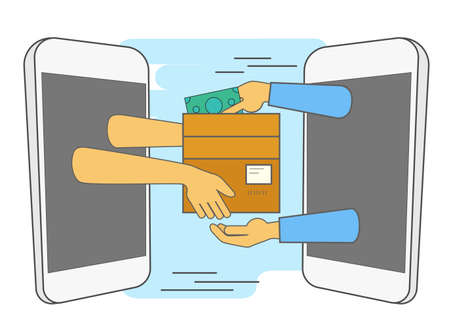 Mobile e-commerce: delivery the product vector flat line illustrationのイラスト素材