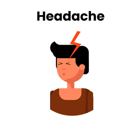Headache icon. Vector flat design illustration of the white young man suffering from a severe painのイラスト素材