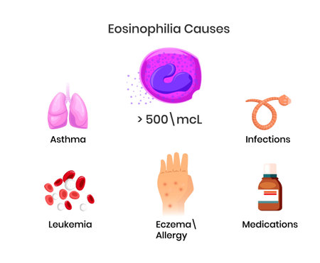 Causes of the eosinophilia. Diagram showing asthma, allergy and parasite infection causing rising...