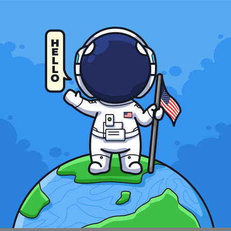 Little American Astronaut holding flag and saying hello in cute line art illustration styleのイラスト素材