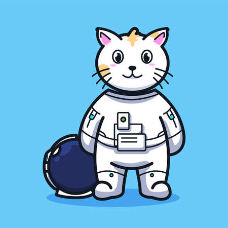 Little cat Astronaut without helmet in cute line art illustration styleのイラスト素材