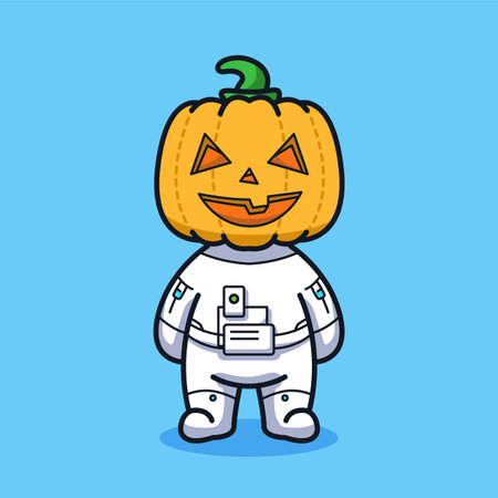 Little Astronaut with pumpkin head for halloween in cute line art illustration styleのイラスト素材