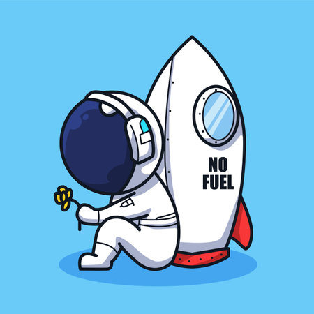 Little Astronaut with no fuel rocket missing home in cute line art illustration styleのイラスト素材