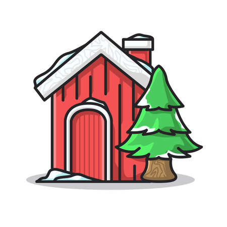 Red house and tree covered with snow in cute line art illustrationのイラスト素材