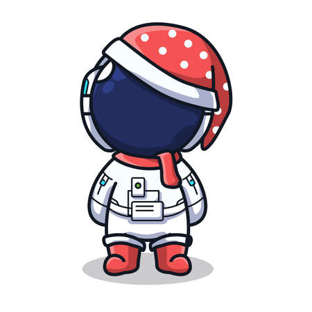Astronaut using Christmas winter suit in cute line art illustrationのイラスト素材