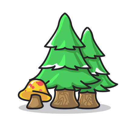 Trees and mushroom with little snow in cute line art illustrationのイラスト素材