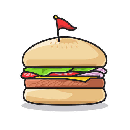 Delicious fast food burger with vegetable in cute line art illustrationのイラスト素材