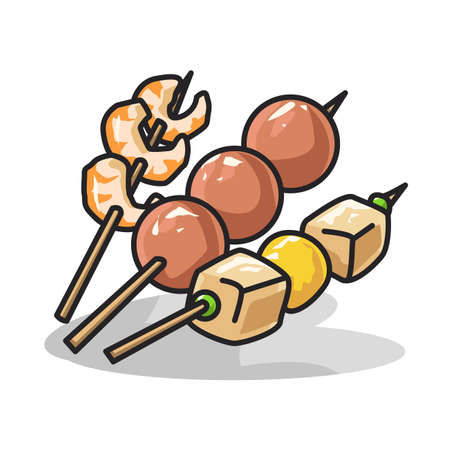 Delicious Shrimp meatball and vegetable barbeque in cute line art illustrationのイラスト素材