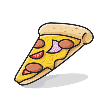 a slice of delicious italian pizza with tomato topping in cute line art illustrationのイラスト素材