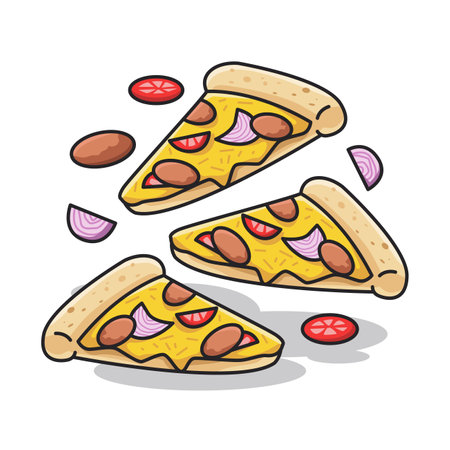 three slices of delicious italian pizza with vegetable in cute line art illustrationのイラスト素材