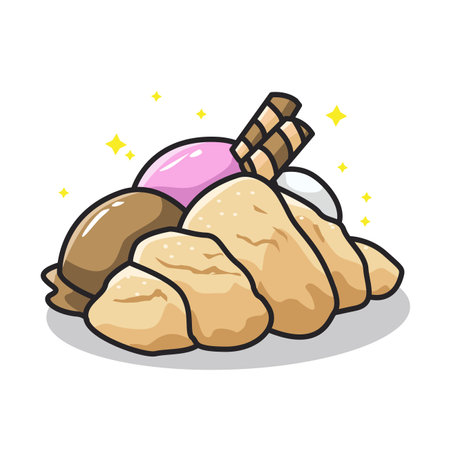 Delicious sweet croissant and ice cream and snacks on the cup in cute line art illustrationのイラスト素材