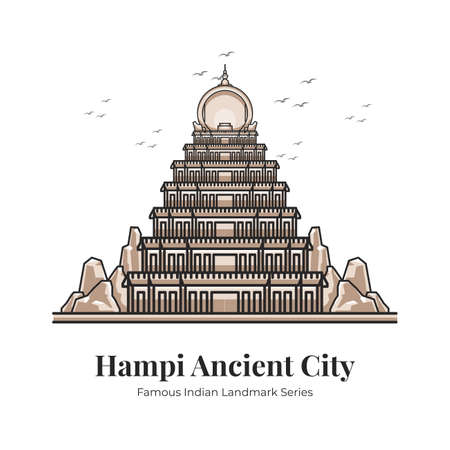 Hampi Ancient City Indian Landmark Iconic Cartoon Illustrationのイラスト素材