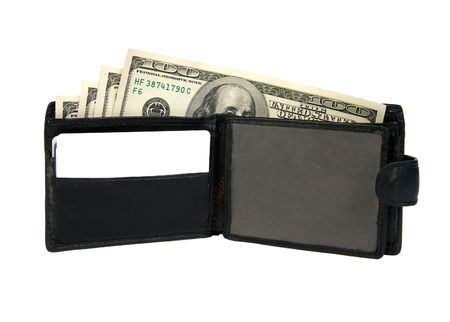 Open purse with dollars. Isolated on white background.の写真素材