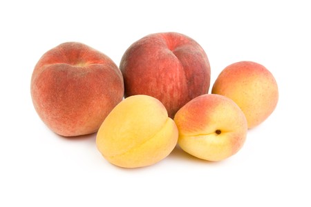 Peaches and apricots. Isolated on white background.の写真素材