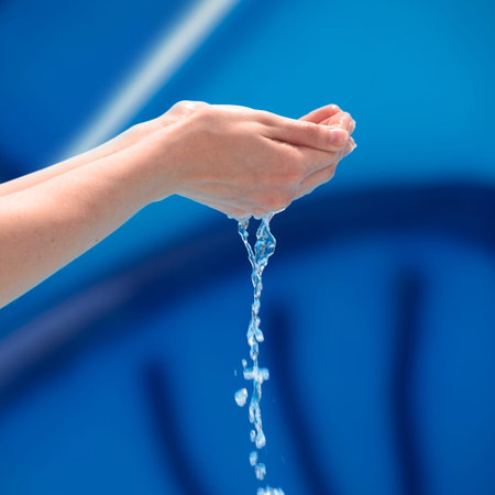 Water flowing out of the hands on a blue background