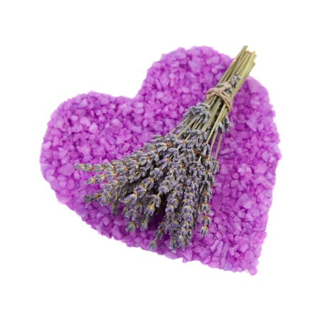 Bunch of lavender and the heart of the salt bath. Isolated on a white backgroundの写真素材
