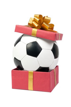 Soccer ball in a gift box. Isolated on white background. の写真素材