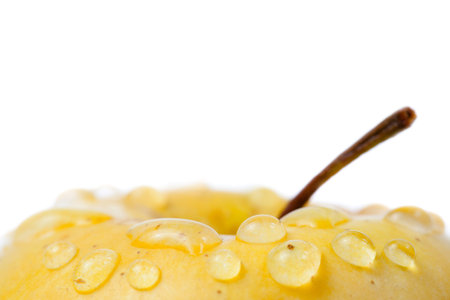 Yellow apple in drops of water. Isolated on white backgroundの写真素材