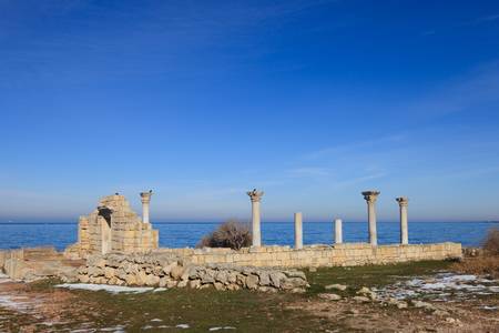 The ruins of the ancient city on the background of sea and skyの写真素材