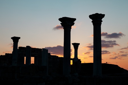 Ancient ruins in the background of the sunset skyの写真素材