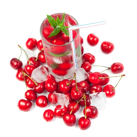 Cherry cocktail with ice and mint isolated on white background の写真素材