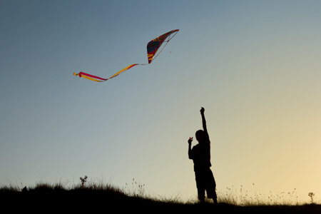 A boy flies a kite in the sky at sunset