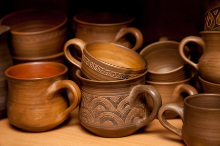 Crockery handmade from clay cups and jugsの写真素材