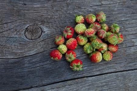 Wild strawberries spilling on wooden boardsの写真素材