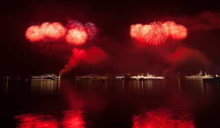 Colorful red fireworks in the night sky 