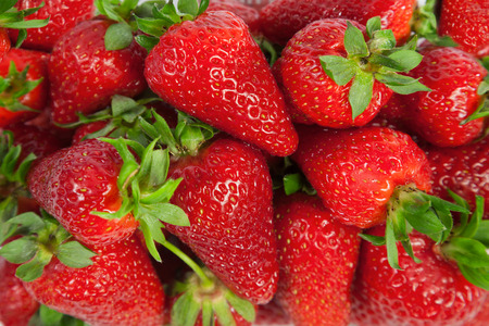 Strawberries with green leaves close-up.の写真素材