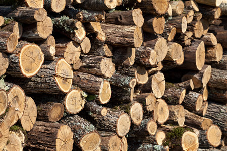 Background of firewood stacked in the woodpile