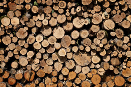 Background of firewood stacked in the woodpile 