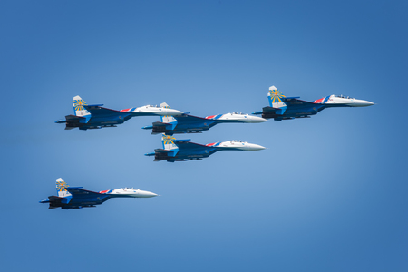 Sevastopol, Russia - June 5, 2016: Air show military aircraft. Russian Knights. Aviadarts 2016のeditorial素材
