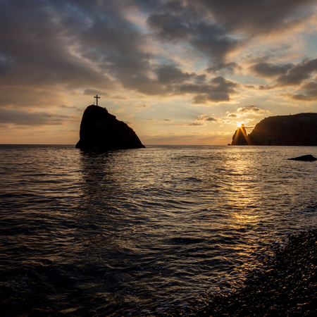 Seashore at sunset. Rock of the holy phenomenon. Fiolent. Crimea.の写真素材