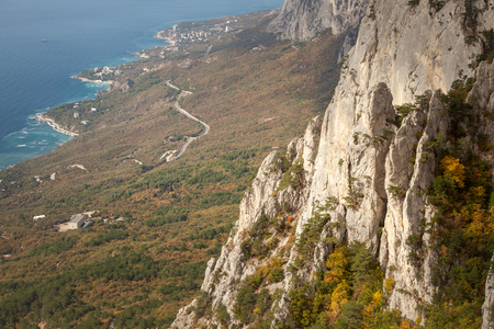 Landscape, high mountains in the clouds towering above the sea. Crimea.の写真素材