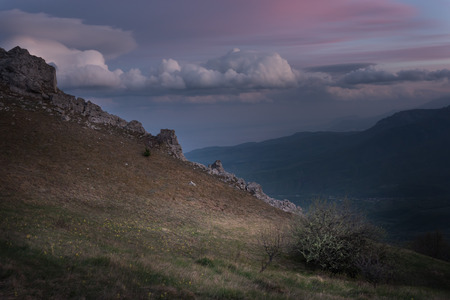 Landscape. Crimean mountains at sunsetの写真素材